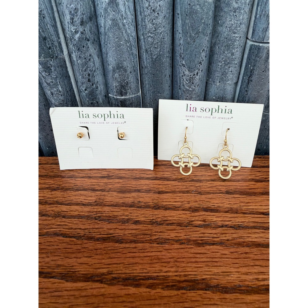 Lia Sophia Gold Tone Earring Set Ball Studs and Quatrefoil Drop Earrings 2 Pairs